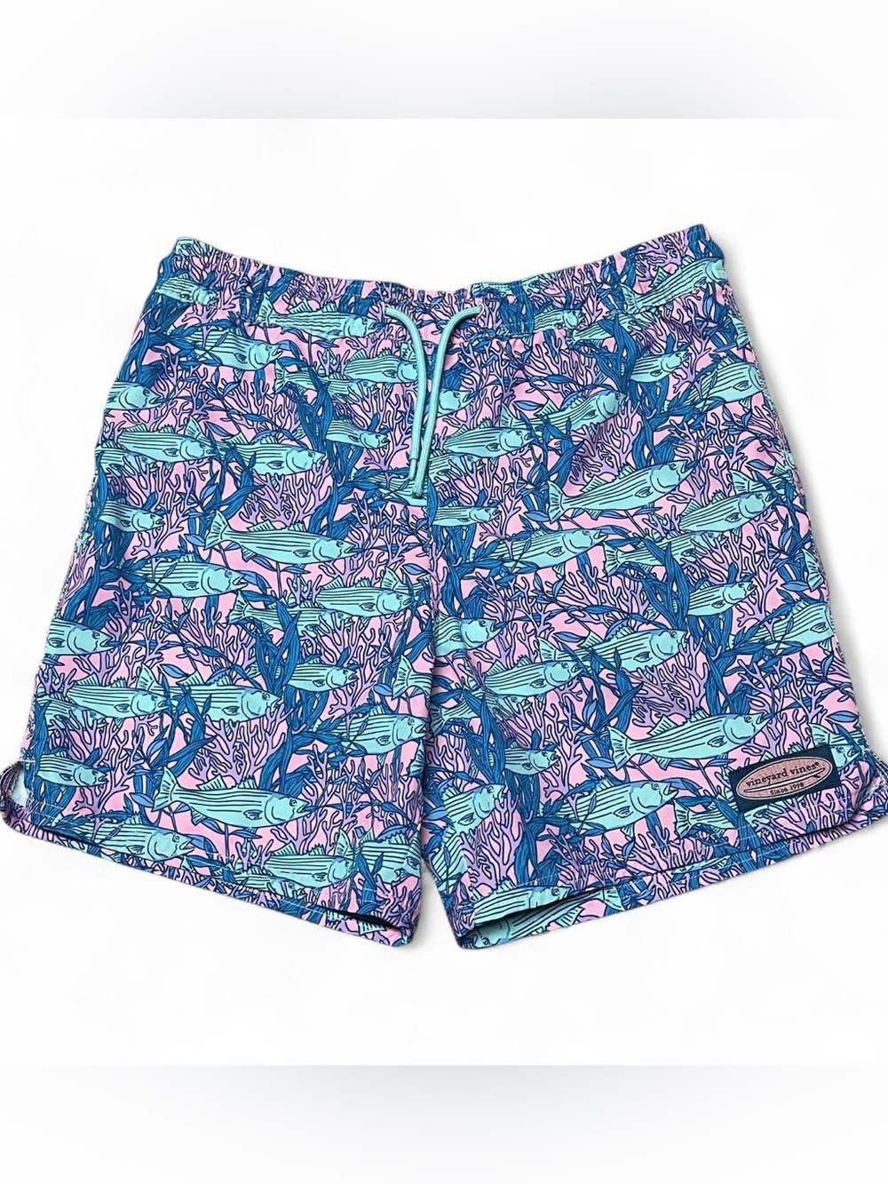 Vineyard Vines Men's M Swim Trunks Pink Blue Fish Mesh Lined Preppy Beach Boat